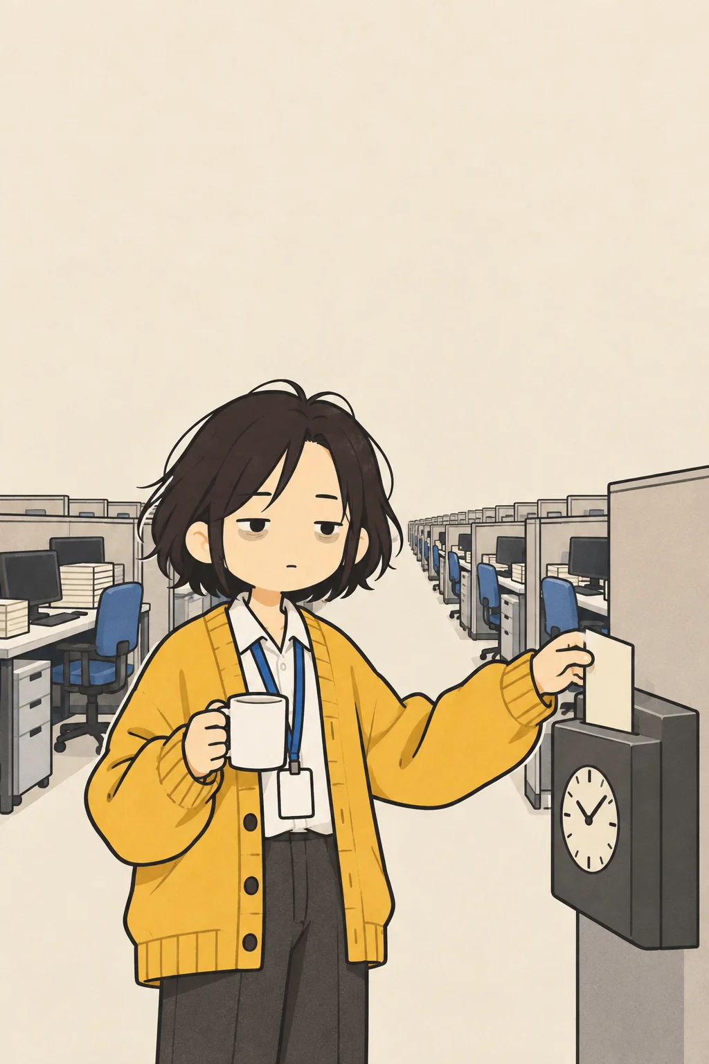 An office worker clocking in, coffee mug in hand